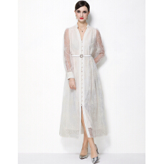 批发实拍重工刺绣<b class='q'>蕾丝</b>灯笼袖立领<b class='q'>连衣裙</b>长袖收腰单排扣<b class='q'>连衣裙</b>送腰带