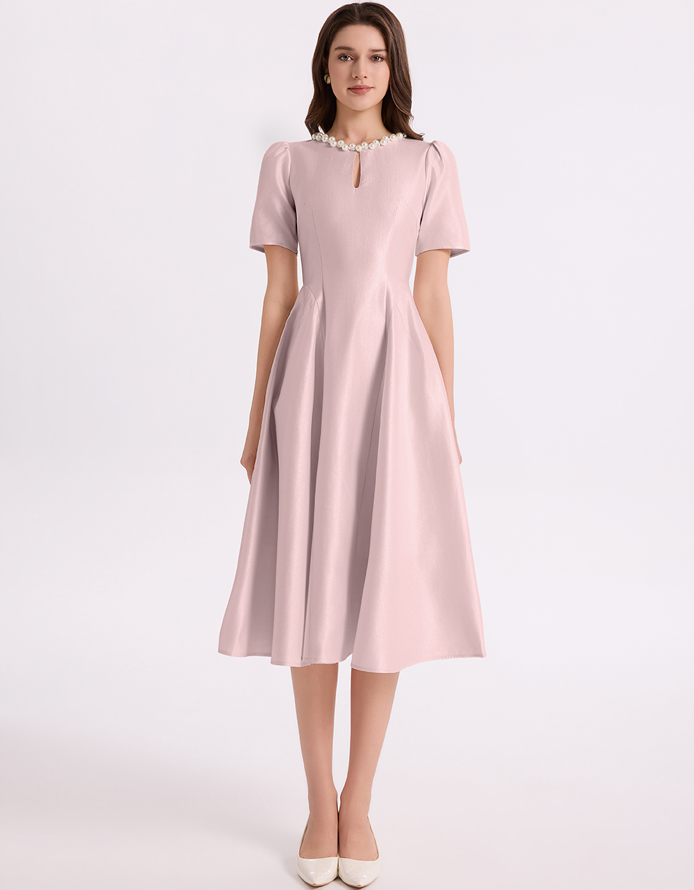 RY2932# 实拍温柔风优雅钉珠圆领A字连衣裙气质显瘦收腰大摆裙连衣裙