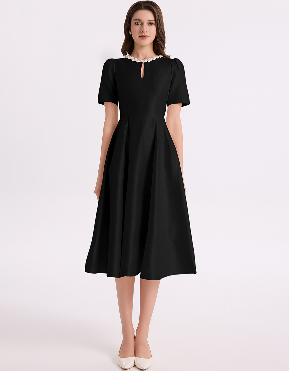 RY2933# 实拍温柔风优雅钉珠圆领A字连衣裙气质显瘦收腰大摆裙连衣裙