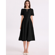 批发实拍温柔风优雅钉珠圆领A字连衣裙气质显瘦收腰大摆裙连衣裙