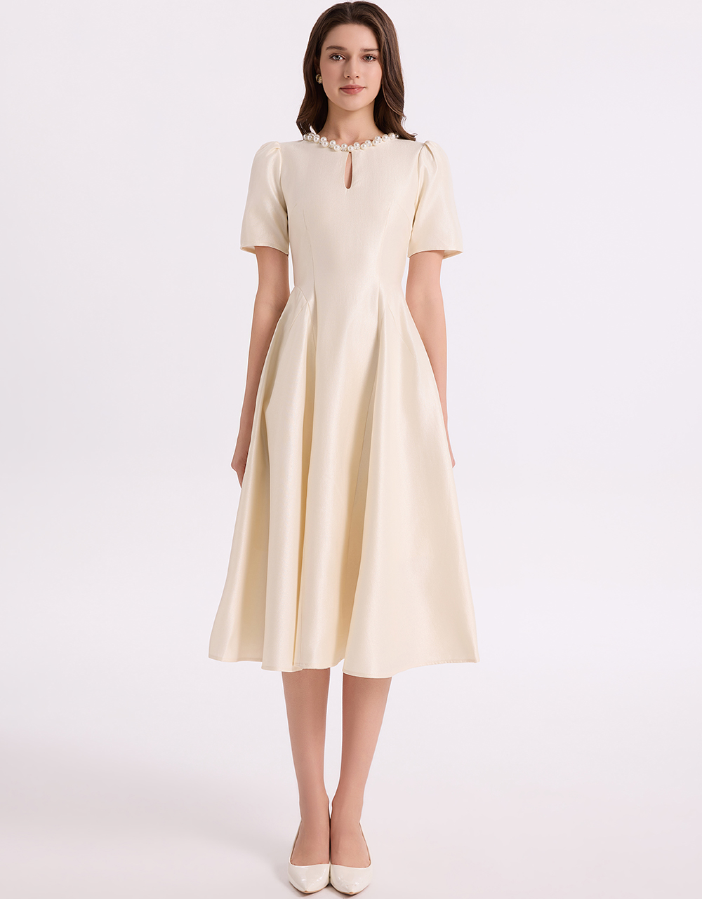 RY2931# 实拍温柔风优雅钉珠圆领A字连衣裙气质显瘦收腰大摆裙连衣裙