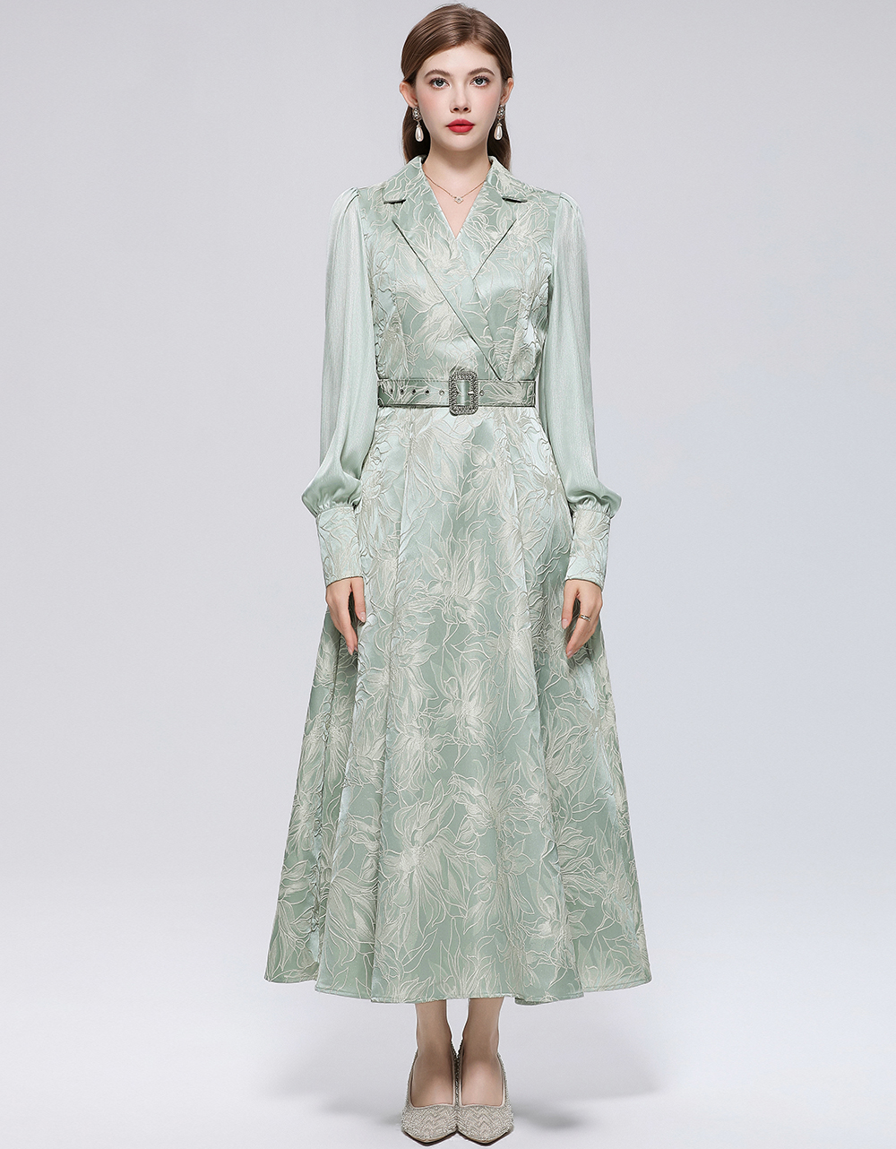 RY723# 实拍法式复古宫廷风提花长裙优雅V领大摆显瘦连衣裙送腰带