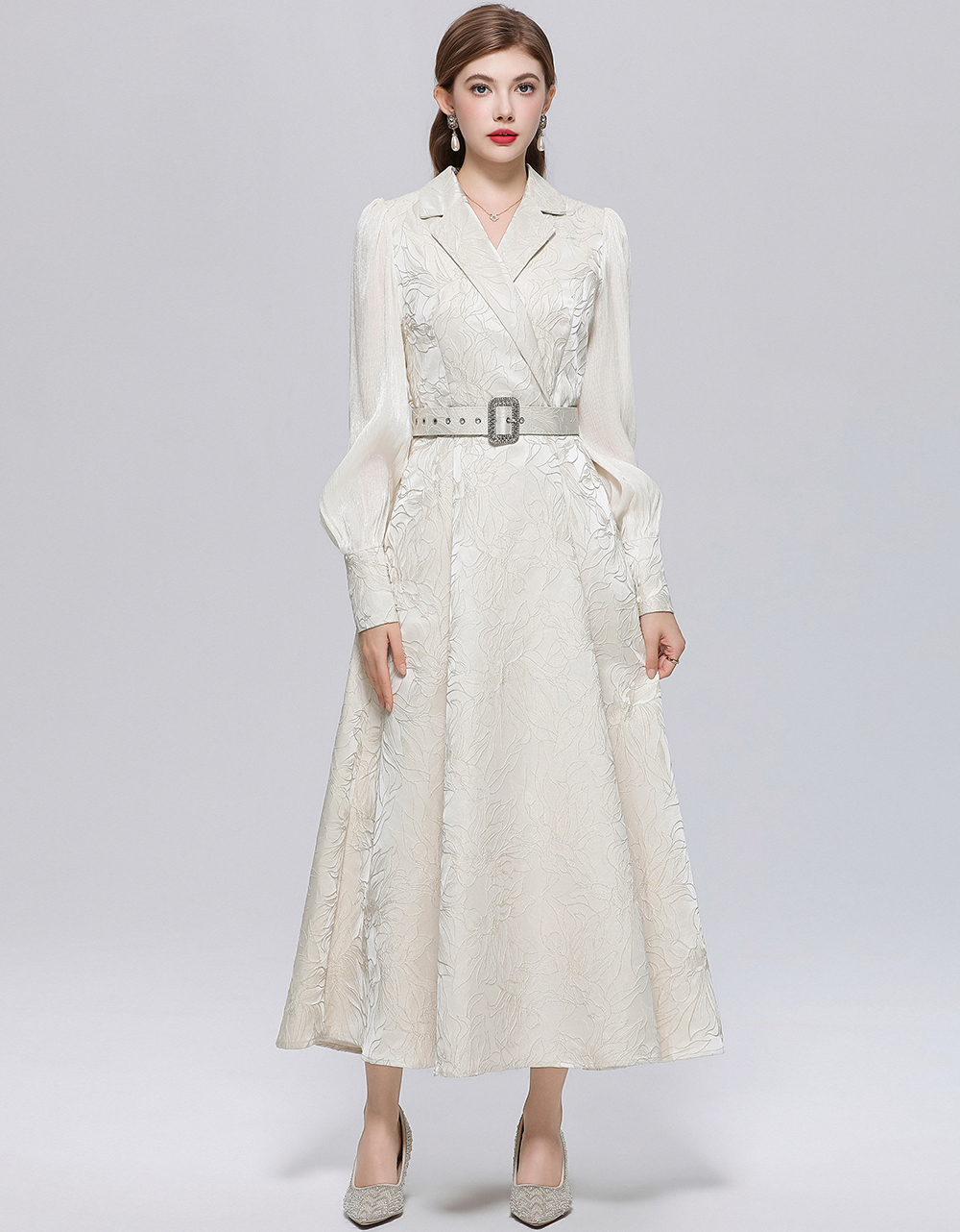 RY722# 实拍法式复古宫廷风提花长裙优雅V领大摆显瘦连衣裙送腰带