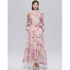 批发实拍法式小众高级感印花立领长袖<b class='q'>裙</b>子收腰大摆连衣<b class='q'>裙</b>送吊带