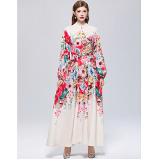 批发实拍法式复古印花排扣修身长款洋气泡泡袖<b class='q'>礼服</b>气质连衣裙配腰带