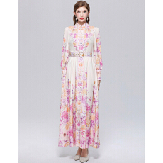 批发实拍法式复古印花排扣修身长款洋气泡泡袖<b class='q'>礼服</b>气质连衣裙配腰带