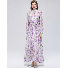 批发实拍法式小众高级感印花立领长袖<b class='q'>裙</b>子收腰大摆连衣<b class='q'>裙</b>送吊带