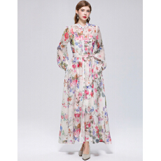 批发实拍法式小众高级感印花立领长袖<b class='q'>裙</b>子收腰大摆连衣<b class='q'>裙</b>送吊带