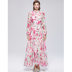 批发实拍法式小众高级感印花立领长袖<b class='q'>裙</b>子收腰大摆连衣<b class='q'>裙</b>送吊带