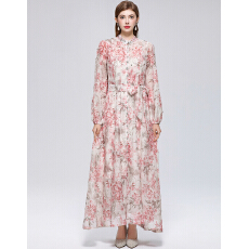 批发实拍法式小众高级感印花立领长袖<b class='q'>裙</b>子收腰大摆连衣<b class='q'>裙</b>送吊带