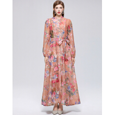 批发实拍法式小众高级感印花立领长袖<b class='q'>裙</b>子收腰大摆连衣<b class='q'>裙</b>送吊带