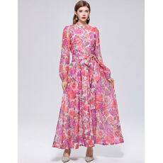 批发实拍法式小众高级感印花立领长袖<b class='q'>裙</b>子收腰大摆连衣<b class='q'>裙</b>送吊带