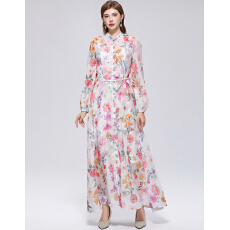 批发实拍法式小众高级感印花立领长袖<b class='q'>裙</b>子收腰大摆连衣<b class='q'>裙</b>送吊带