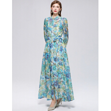 批发实拍法式小众高级感印花立领长袖<b class='q'>裙</b>子收腰大摆连衣<b class='q'>裙</b>送吊带