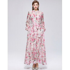 批发实拍法式小众高级感印花立领长袖<b class='q'>裙</b>子收腰大摆连衣<b class='q'>裙</b>送吊带