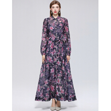 批发实拍法式小众高级感印花立领长袖<b class='q'>裙</b>子收腰大摆连衣<b class='q'>裙</b>送吊带