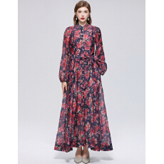 批发实拍法式小众高级感印花立领长袖<b class='q'>裙</b>子收腰大摆连衣<b class='q'>裙</b>送吊带