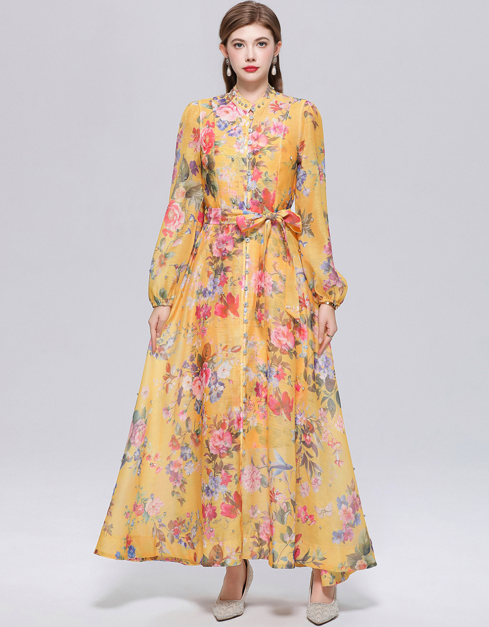 RY2939# 实拍法式小众高级感印花立领长袖裙子收腰大摆连衣裙送吊带