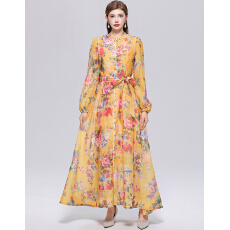 批发实拍法式小众高级感印花立领长袖<b class='q'>裙</b>子收腰大摆连衣<b class='q'>裙</b>送吊带