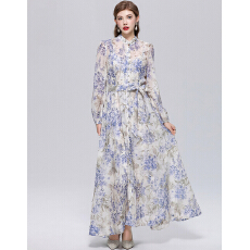 批发实拍法式小众高级感印花立领长袖<b class='q'>裙</b>子收腰大摆连衣<b class='q'>裙</b>送吊带