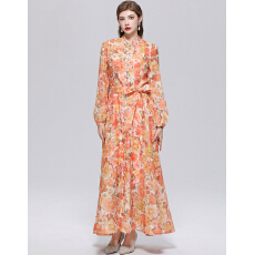 批发实拍法式小众高级感印花立领长袖<b class='q'>裙</b>子收腰大摆连衣<b class='q'>裙</b>送吊带