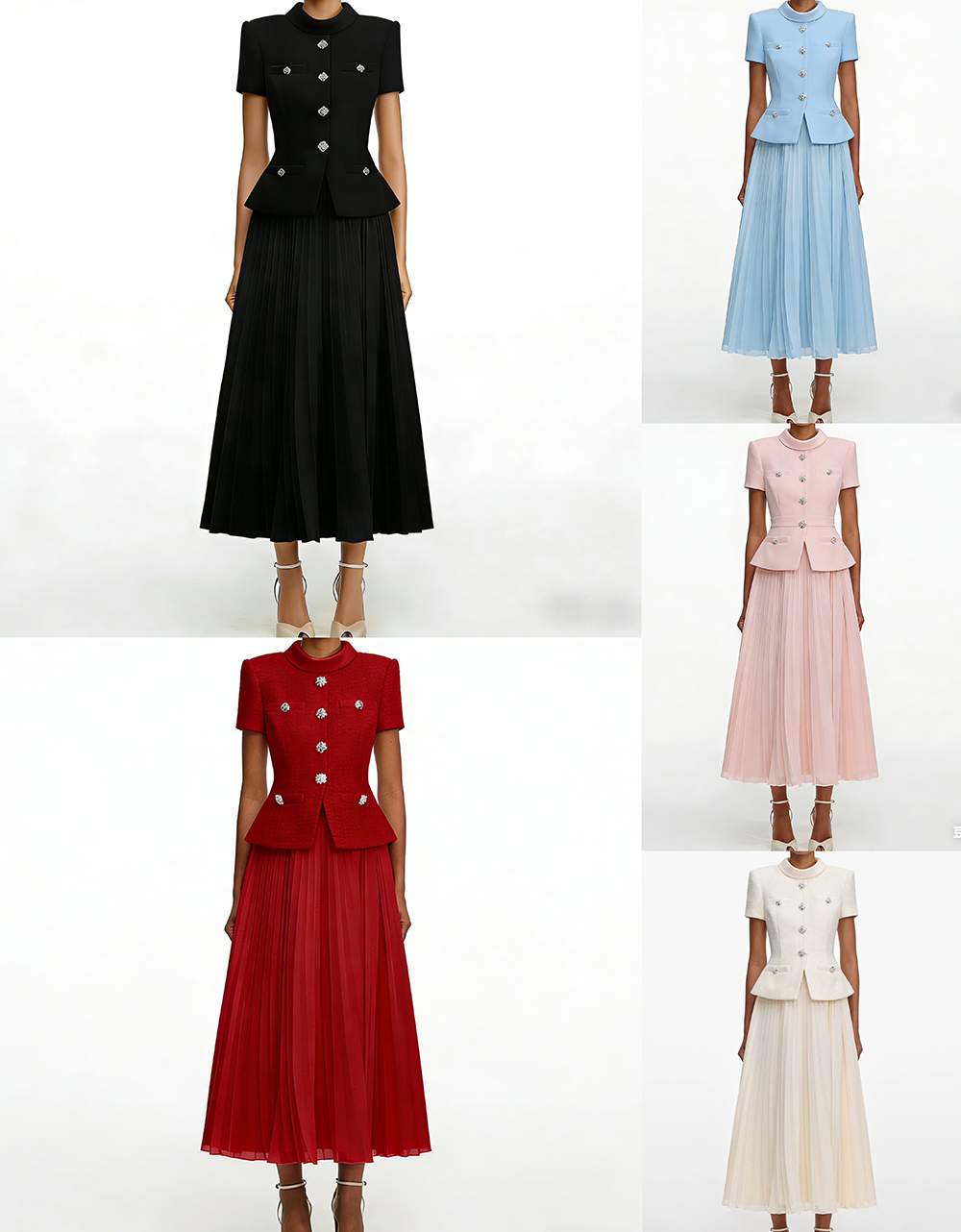 RY2938# 法式气质小香风圆领短袖钻扣收腰外套+百褶长裙套装裙