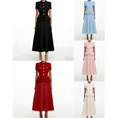 批发法式气质小香风圆领短袖钻扣收腰外套+百褶长裙套装裙