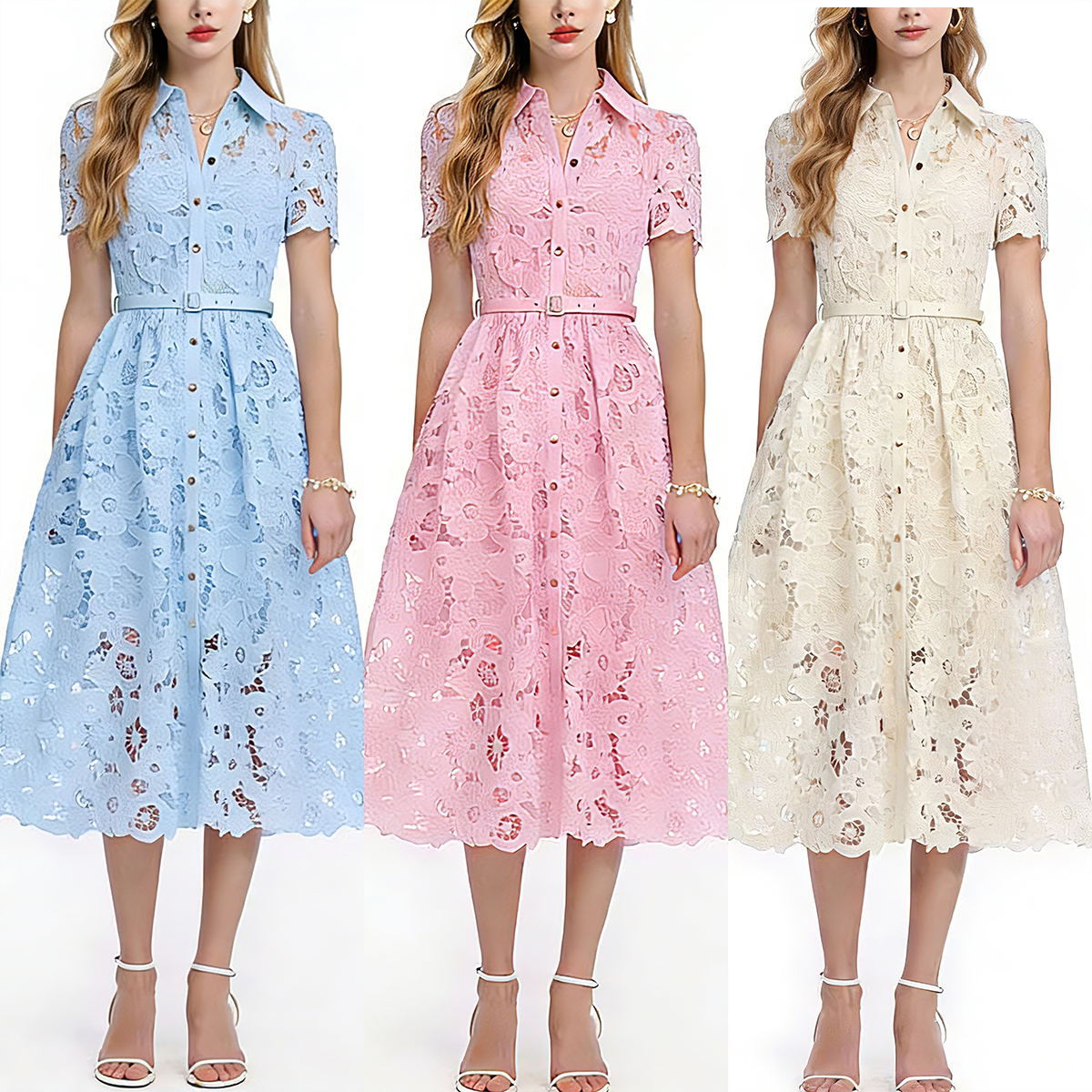 RY2935# 法式镂空花朵蕾丝翻领短袖修身收腰连衣裙内搭吊带配腰带