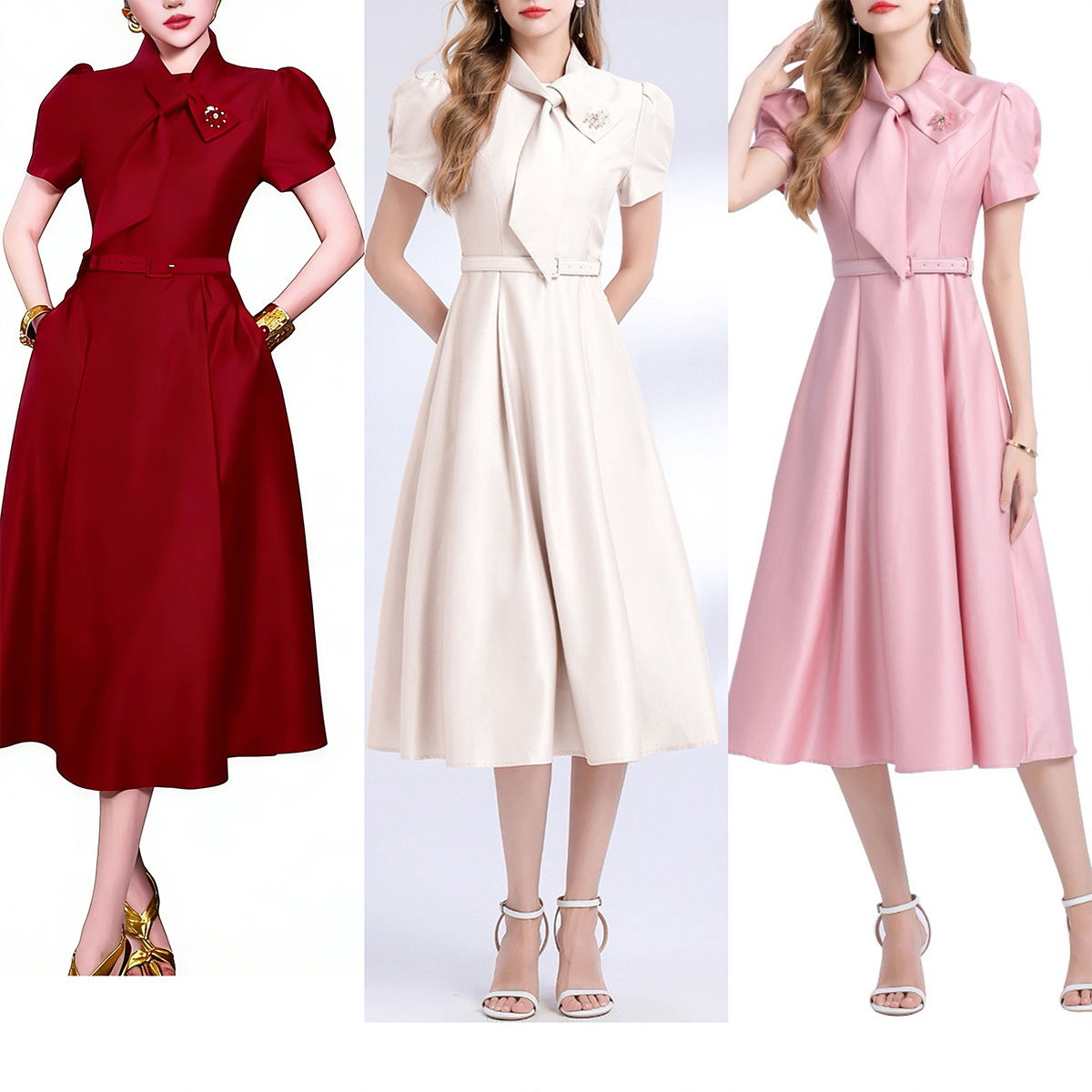 RY2930# 实拍气质名媛优雅蝴蝶结系带小礼裙收腰短袖连衣裙配腰带