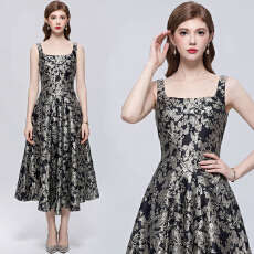 批发法式复古简约<b class='q'>缎面</b>收腰显瘦蓬蓬裙小礼服吊带连衣裙