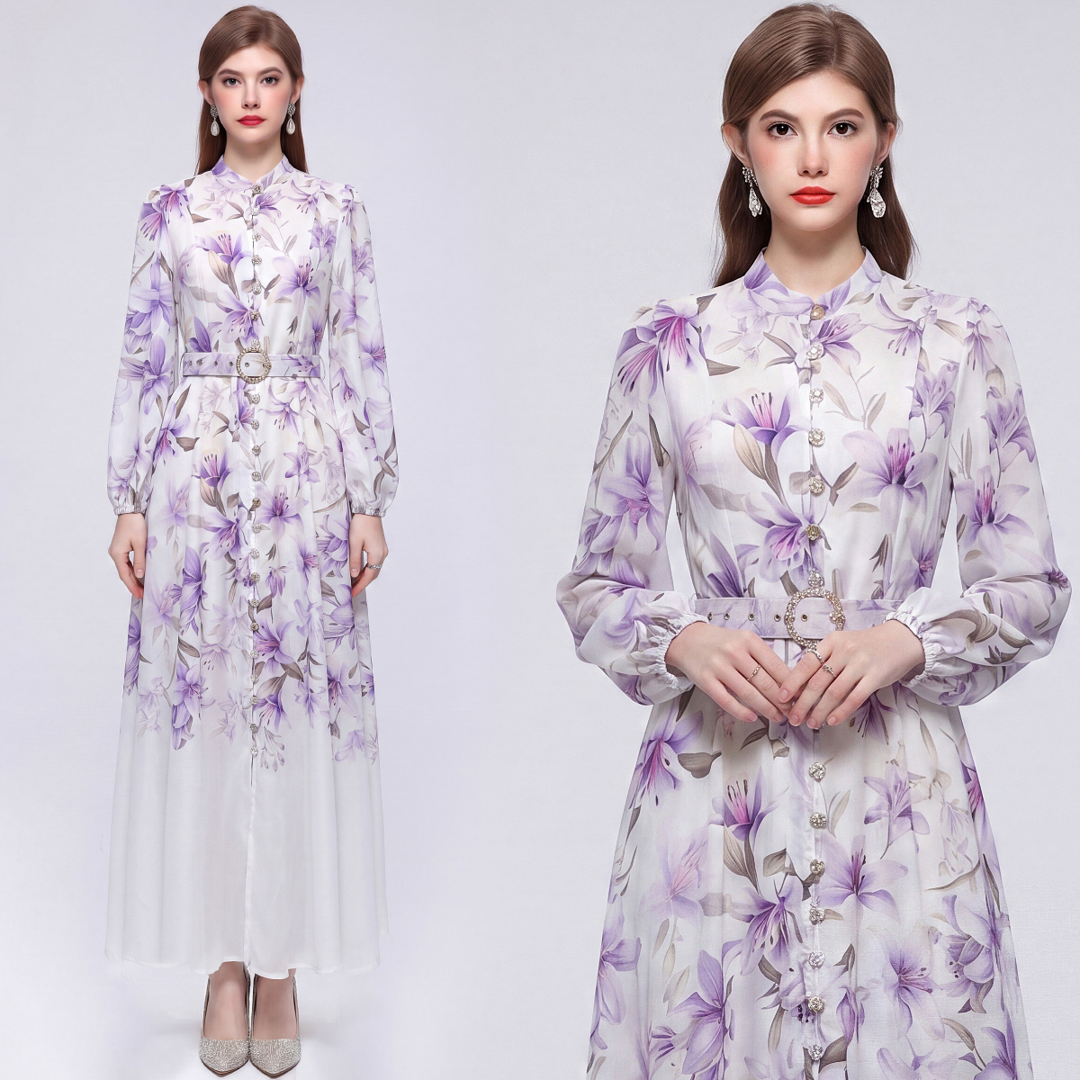 출퇴근 바람 레트로 프린트 스탠드 칼라 싱글 줄 버튼 긴팔 치마 허리 수축 큰 진자 드레스 벨트 포함