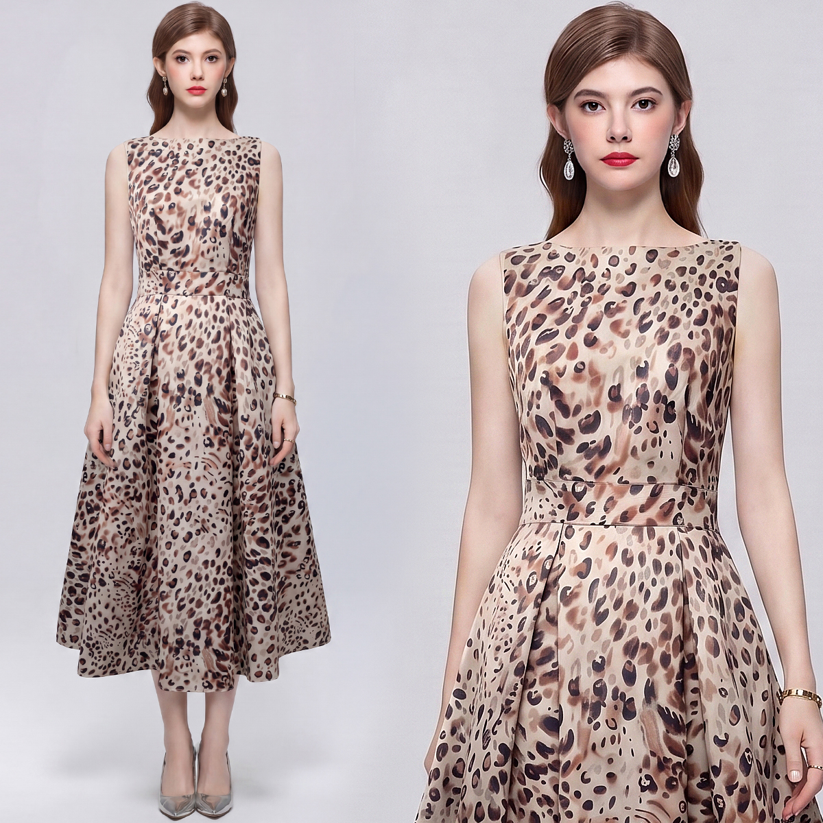 프랑스식 고급 센스 민소매 프린트 하이웨이스트 드레스 3 차원 자르기 허리 수축 A라인 스커트