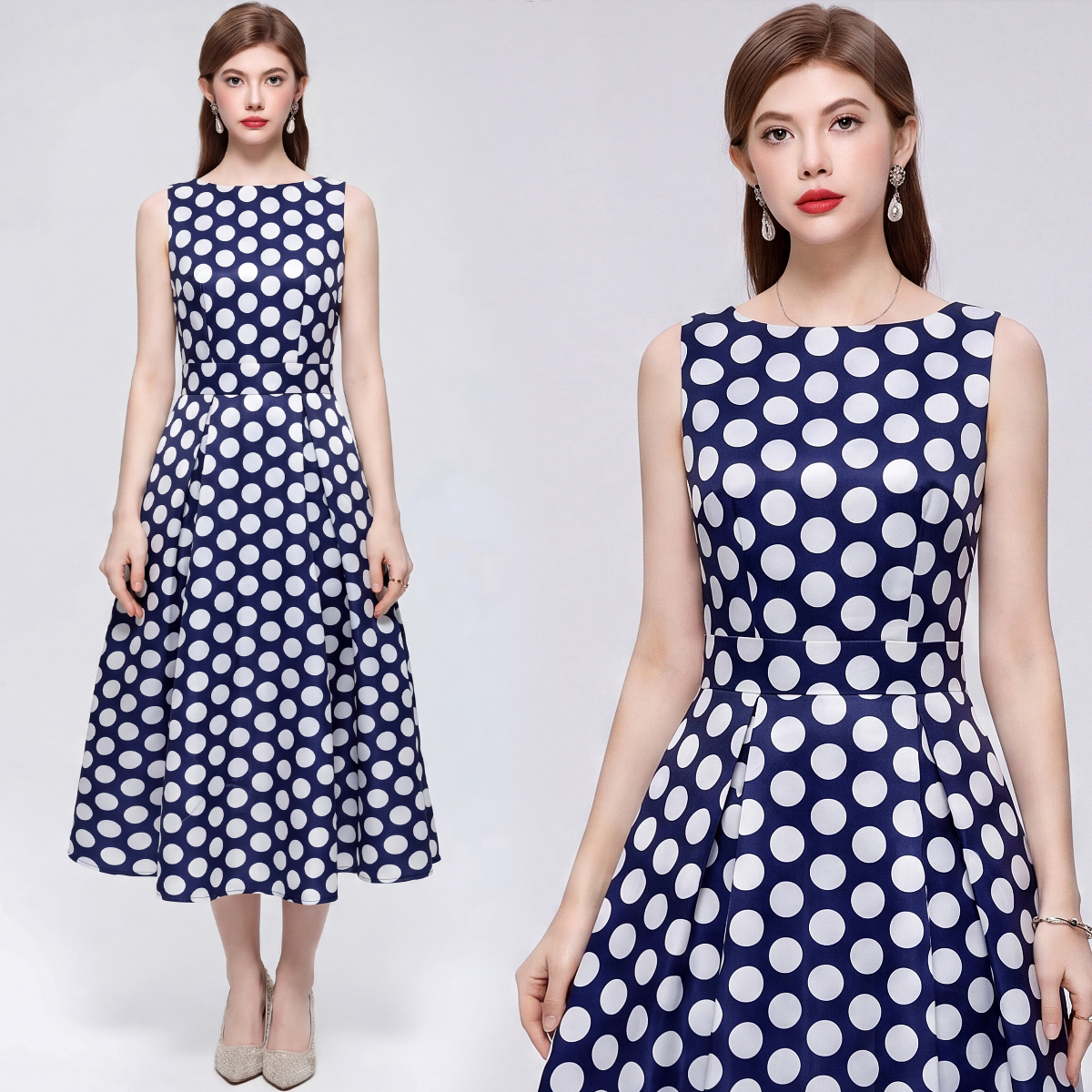 프랑스식 고급 센스 민소매 프린트 하이웨이스트 드레스 3 차원 자르기 허리 수축 A라인 스커트