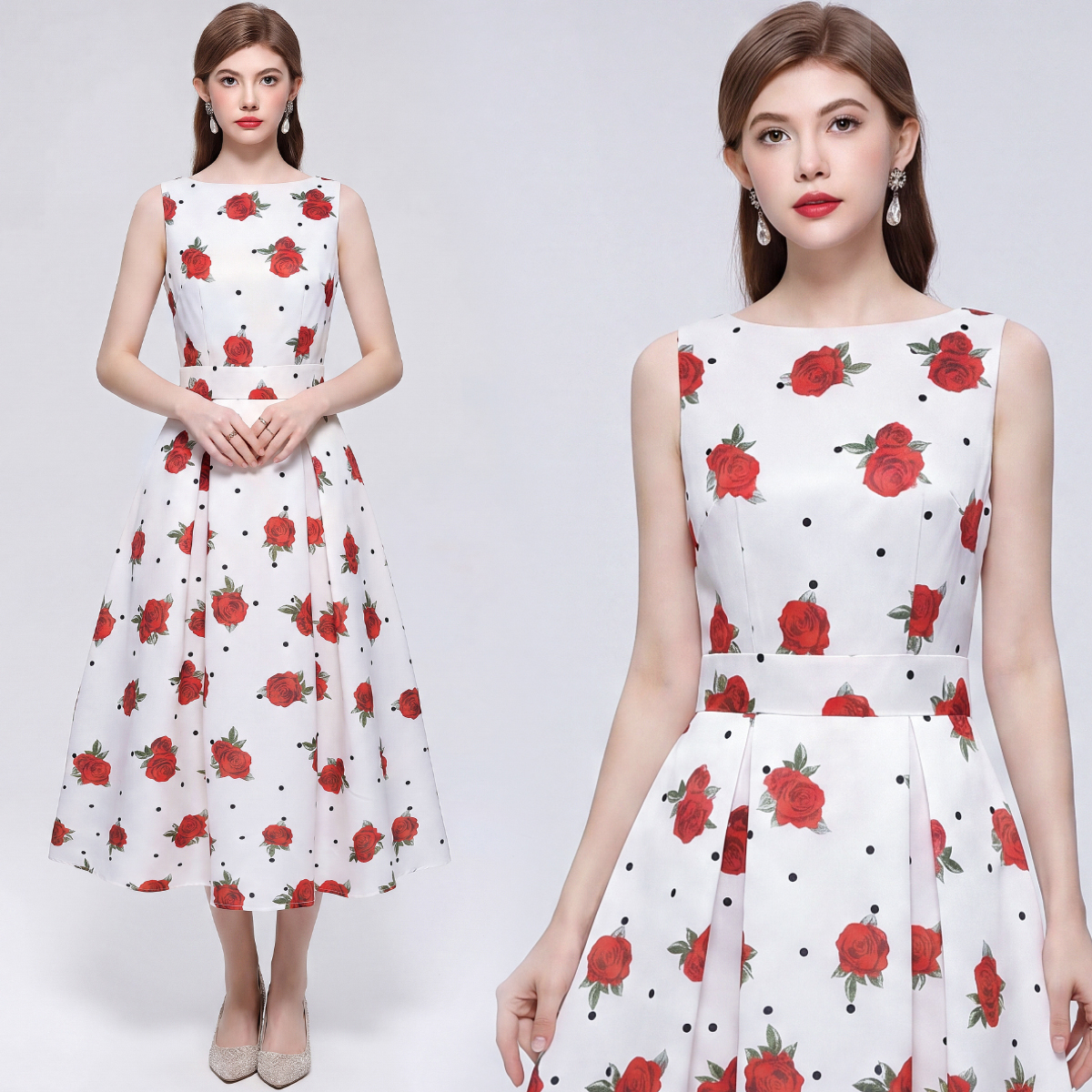 프랑스식 고급 센스 민소매 프린트 하이웨이스트 드레스 3 차원 자르기 허리 수축 A라인 스커트