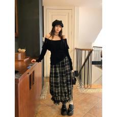 批发实拍实价～一字肩<b class='q'>荷叶边</b>翻领长袖<b class='q'>毛衣</b>修身撞色格纹花苞半身裙套装