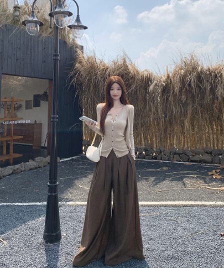 실사 정가 계층의 감각 느긋한 봄 V넥 오픈 가디건 조끼 세트 질감 센스 荡荡 펄럭 이는 캐주얼 바지