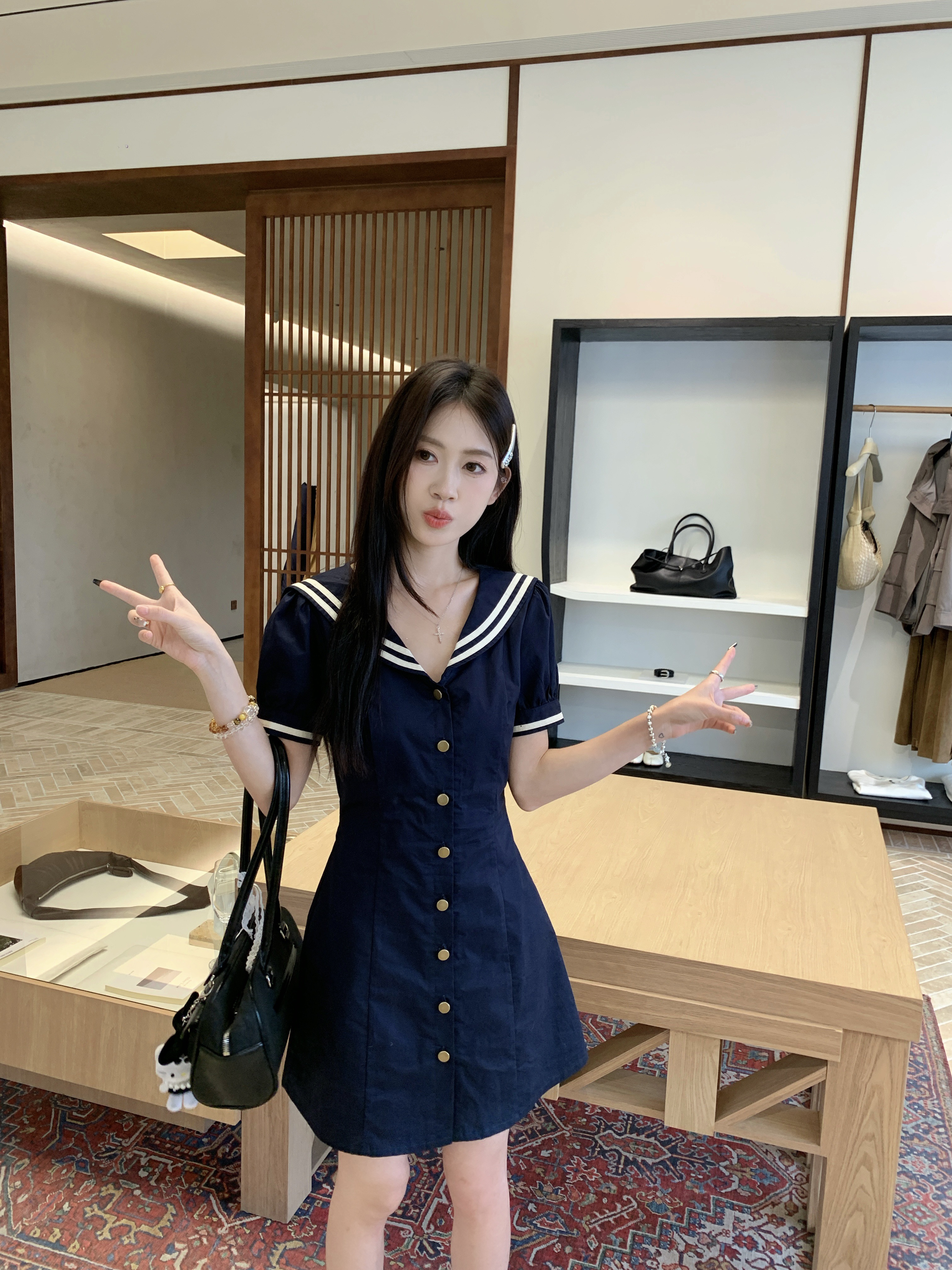 海军领法式深蓝色连衣裙女夏季泡泡袖学院风收腰复古短裙   服裝批發女裝批發服飾貨源