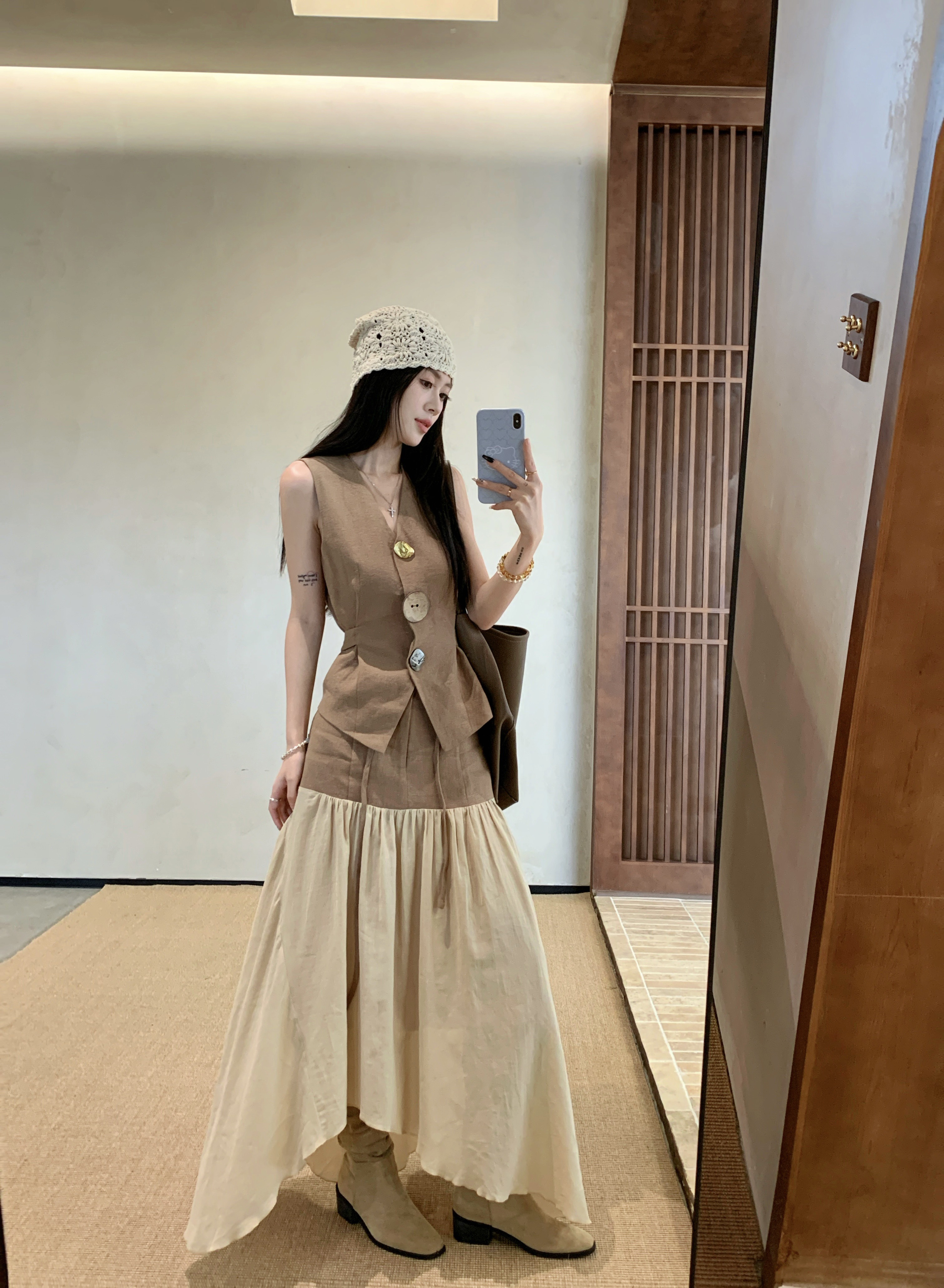 ～柏林美术馆/中古艺术感亚麻马甲上衣+拼接半裙套装   服裝批發女裝批發服飾貨源