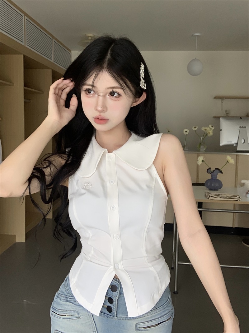 ～白色娃娃领/西装领上衣女夏法式短款无袖露背衬衫   服裝批發女裝批發服飾貨源