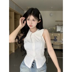 批发实拍实价～白色<b class='q'>娃娃领</b>/西装领上衣女夏法式短款无袖露背<b class='q'>衬衫</b>