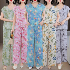 批发实拍气质棉绸花色套装女<b class='q'>夏</b>季短袖阔腿裤九分裤V领显瘦