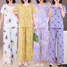 批发实拍棉绸花色套装女夏季短袖阔腿裤长裤显瘦