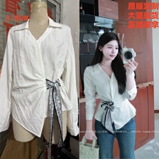 批发吸引力法则温与柔春秋<b class='q'>OL</b>设计感扭结长袖显瘦收腰<b class='q'>衬衫</b>不起球