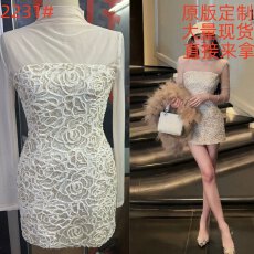 批发粉红pink日落昙花蕾丝刺绣薄纱长袖百搭<b class='q'>连衣裙</b>