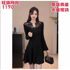 批发YUANLIANSU/圆脸酥岁寒三友千金风气质蕾丝拼接V领<b class='q'>连衣裙</b>秋季女