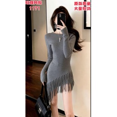 批发Z245法式特别漂亮掐腰灰色流苏边针织<b class='q'>连衣裙</b>女冬天配大衣的裙子