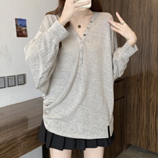 批发宽松中长款口袋大版t恤女<b class='q'>春</b>秋微胖mm大码百搭长袖打底上衣