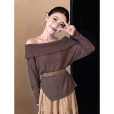 批发新款秋季女韩系一字肩针织衫打底衫长袖小众设计感上衣2026