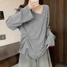 批发2026秋冬新款大码T恤女<b class='q'>夏</b>季新款胖妹妹不规则显瘦百搭正肩上衣潮