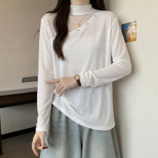 批发秋<b class='q'>冬</b>季半高领网纱拼接修身显瘦打底衫女2026内搭长袖t恤外穿上衣